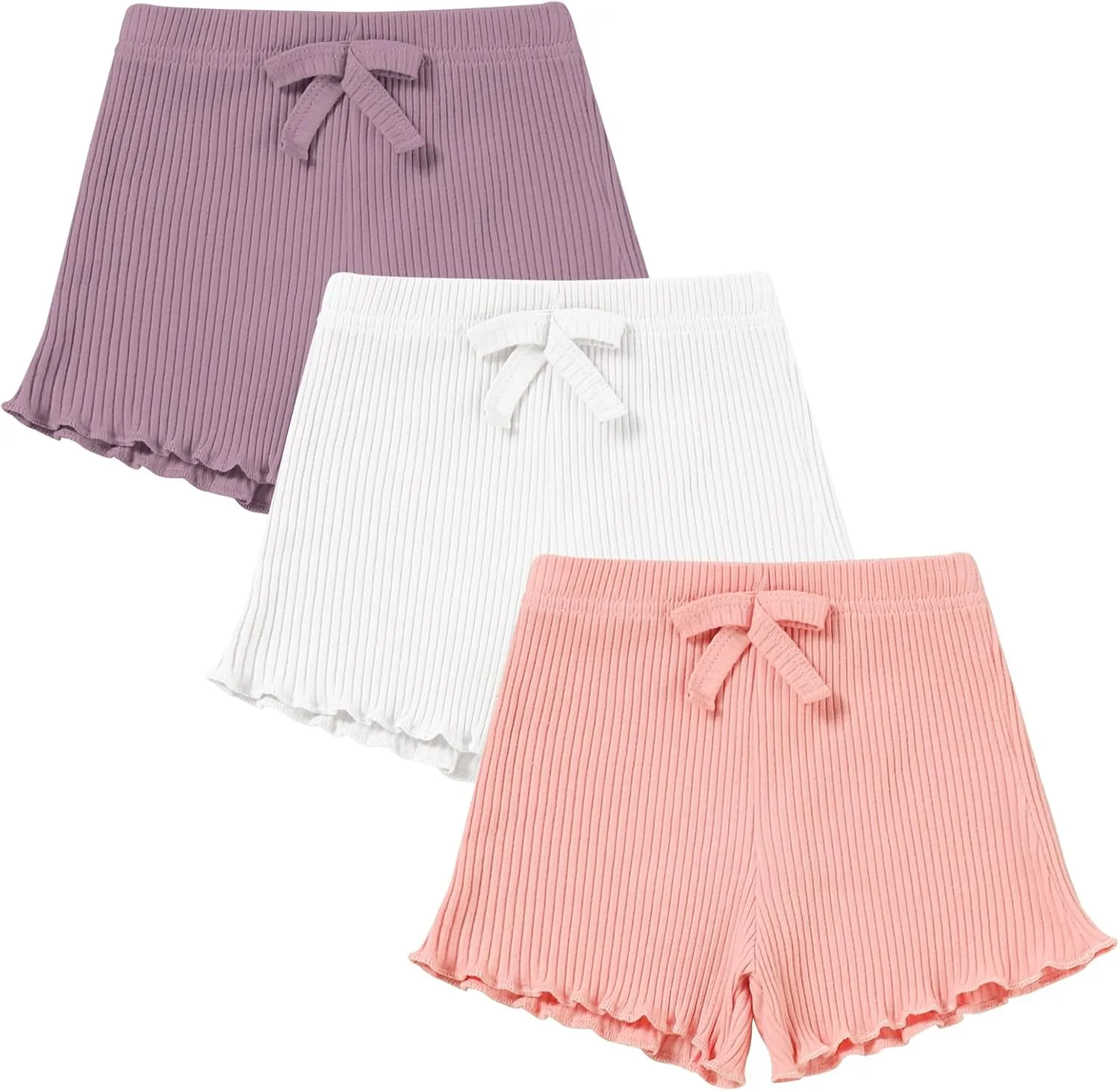3 Pack Baby Toddler Girl Shorts Ribbed Infant Girls Solid Color Soft Elastic Bow Waist Ruffle Summer Casual Shorts