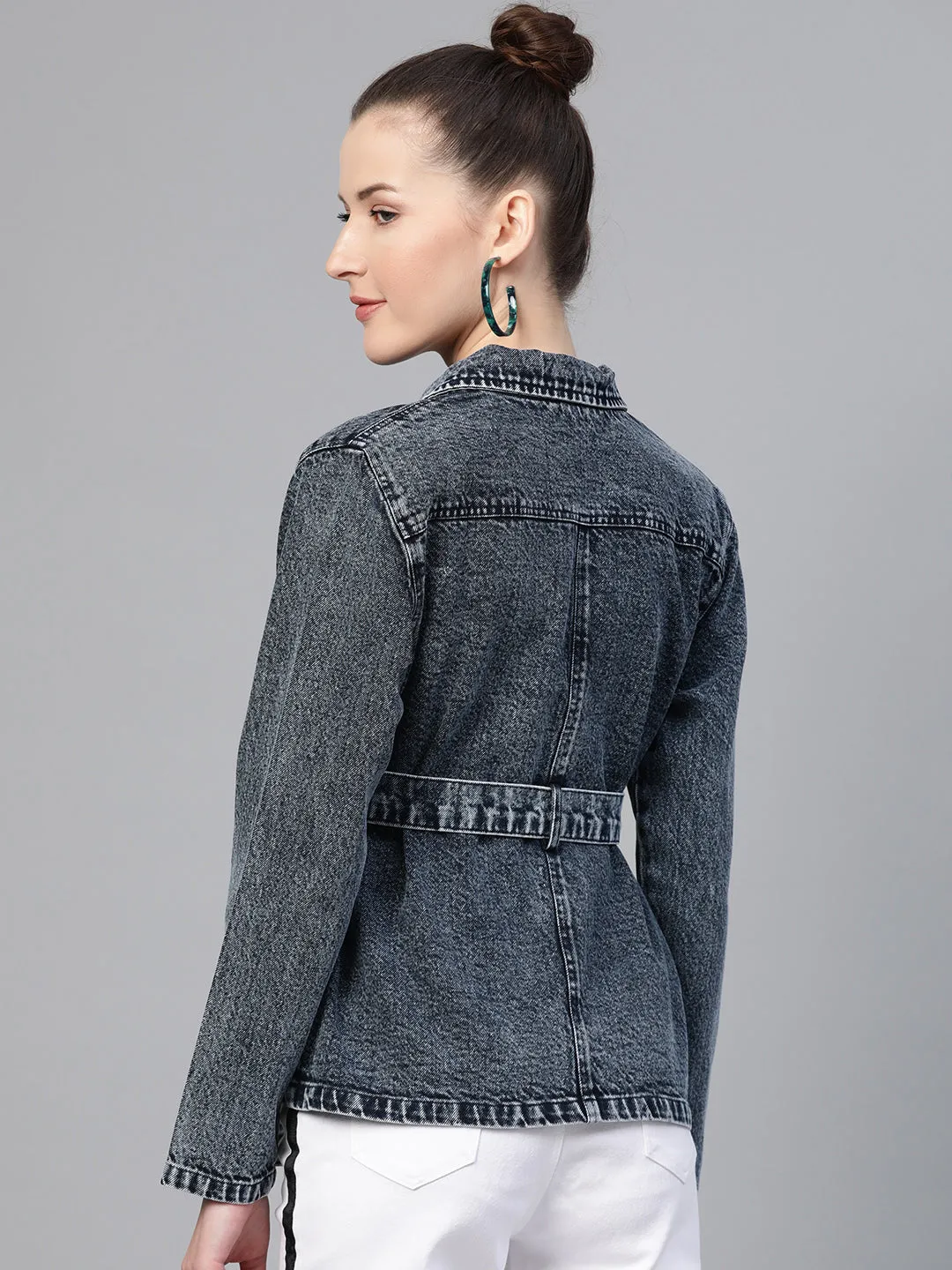 Black Acid Wash Belted Denim Jacket