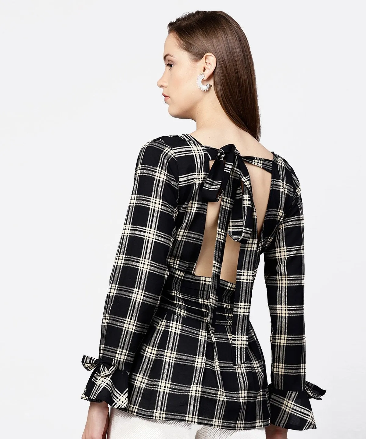 Black Check Peplum Style Tops With Flared Sleeve