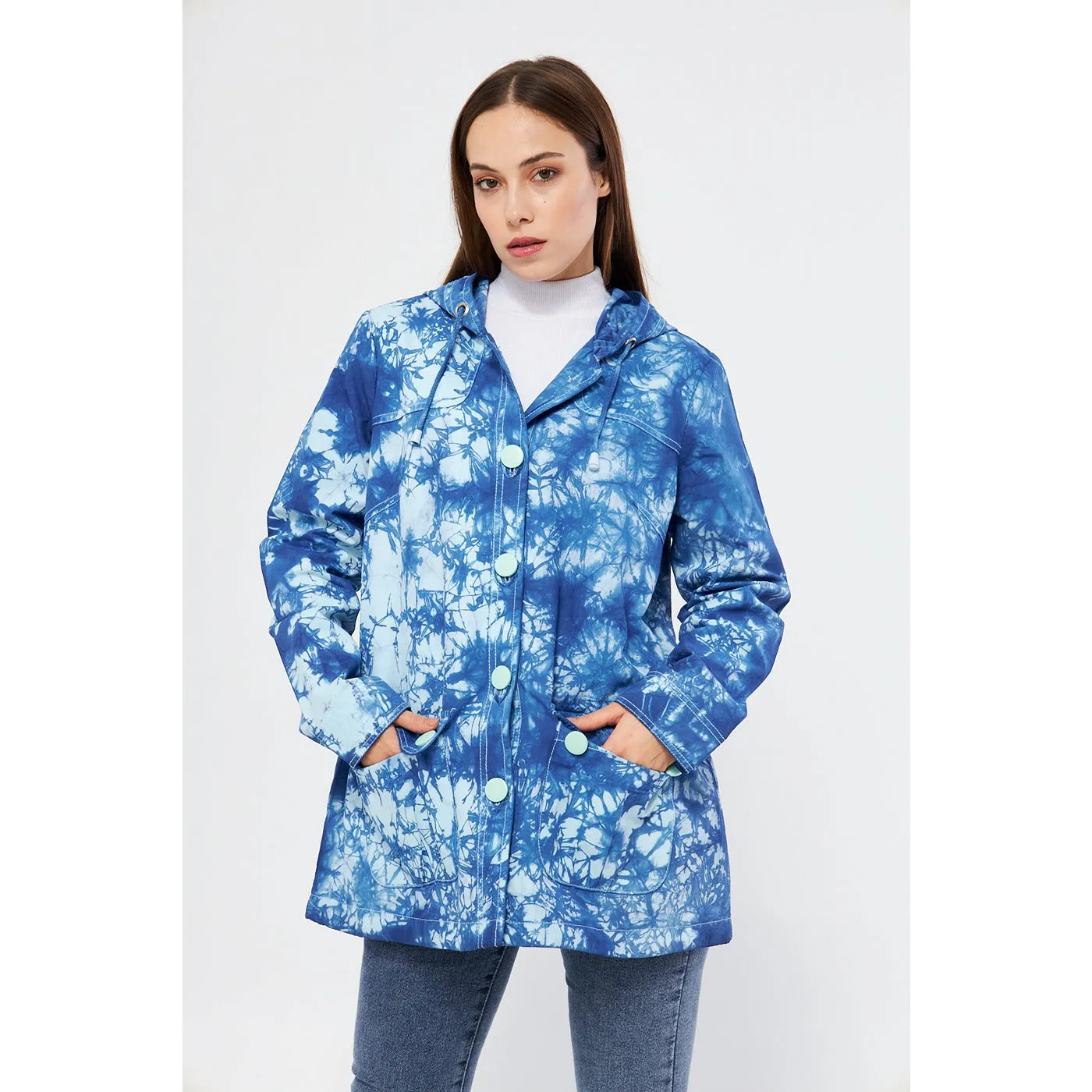 Bright Blue Tie Dye Button Down Hoodie