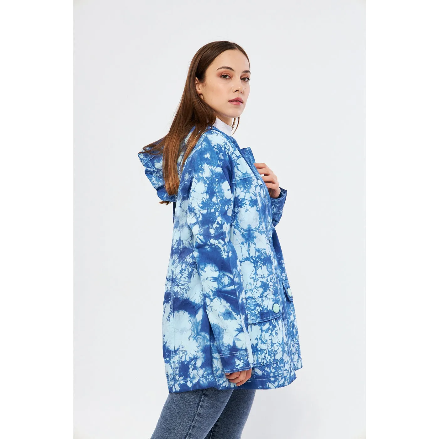 Bright Blue Tie Dye Button Down Hoodie