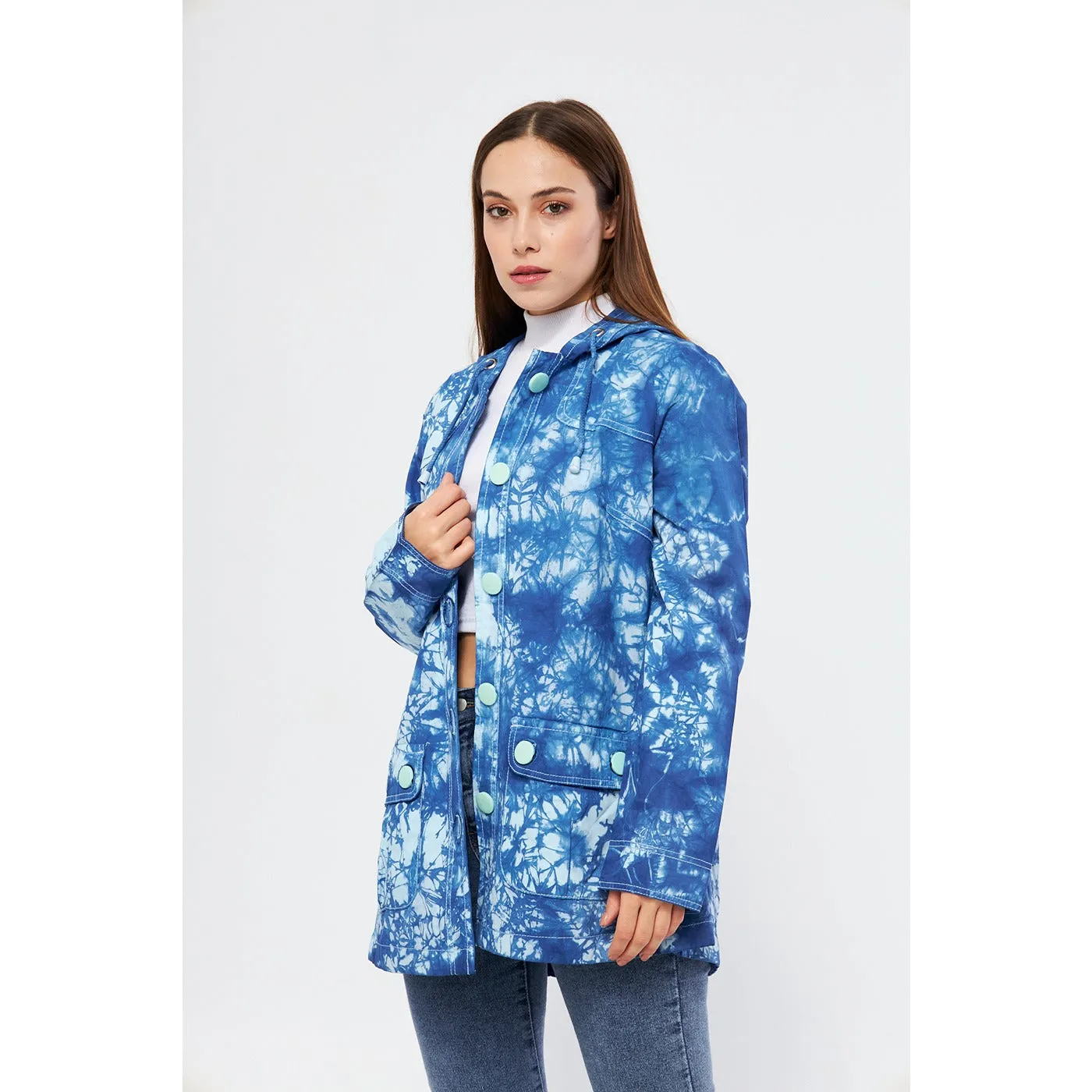 Bright Blue Tie Dye Button Down Hoodie