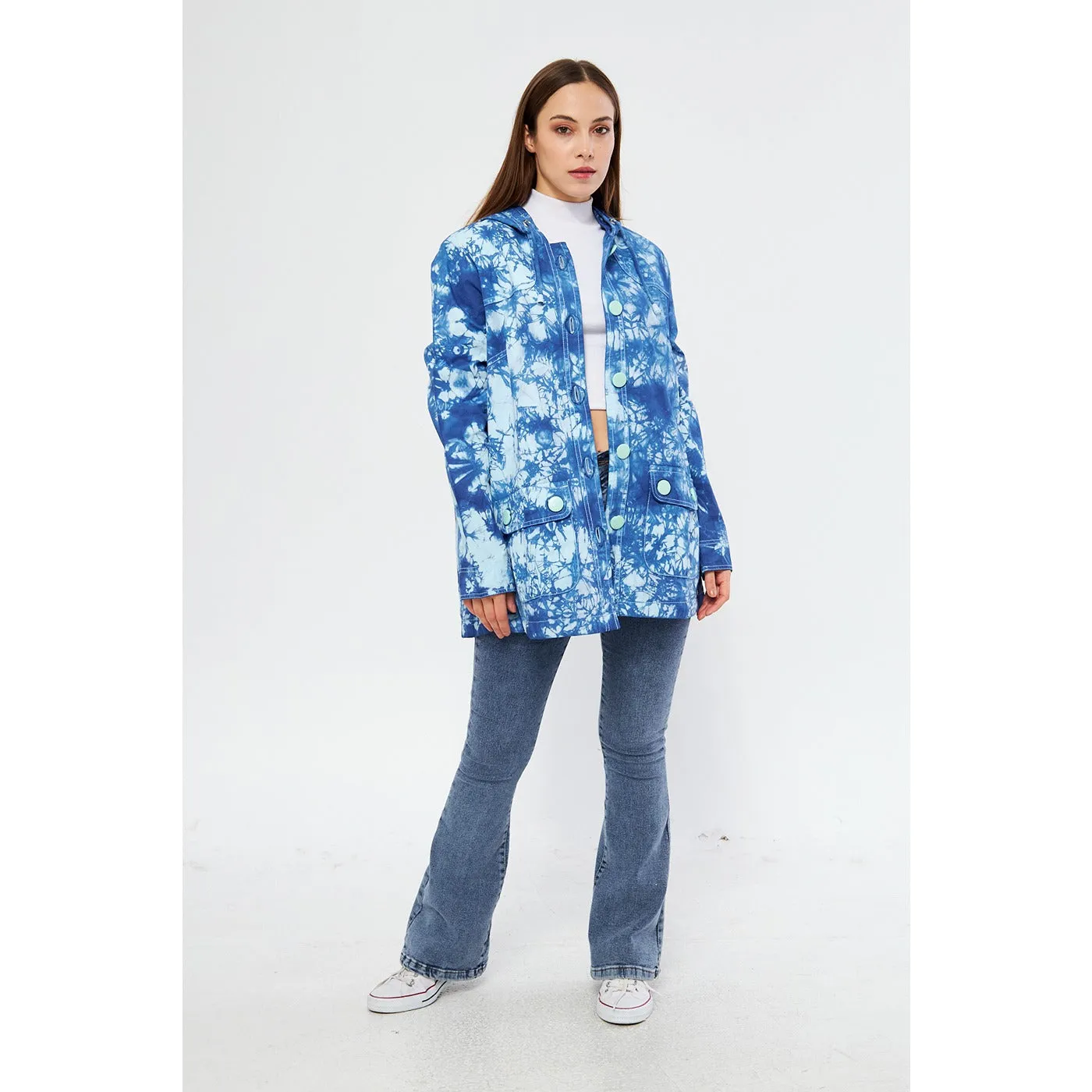 Bright Blue Tie Dye Button Down Hoodie