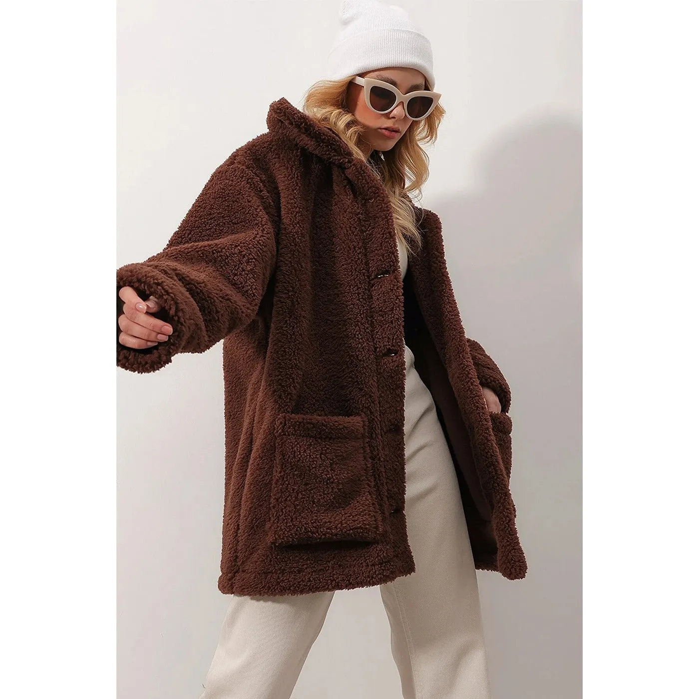 Brown Fur Long Button Down Jacket