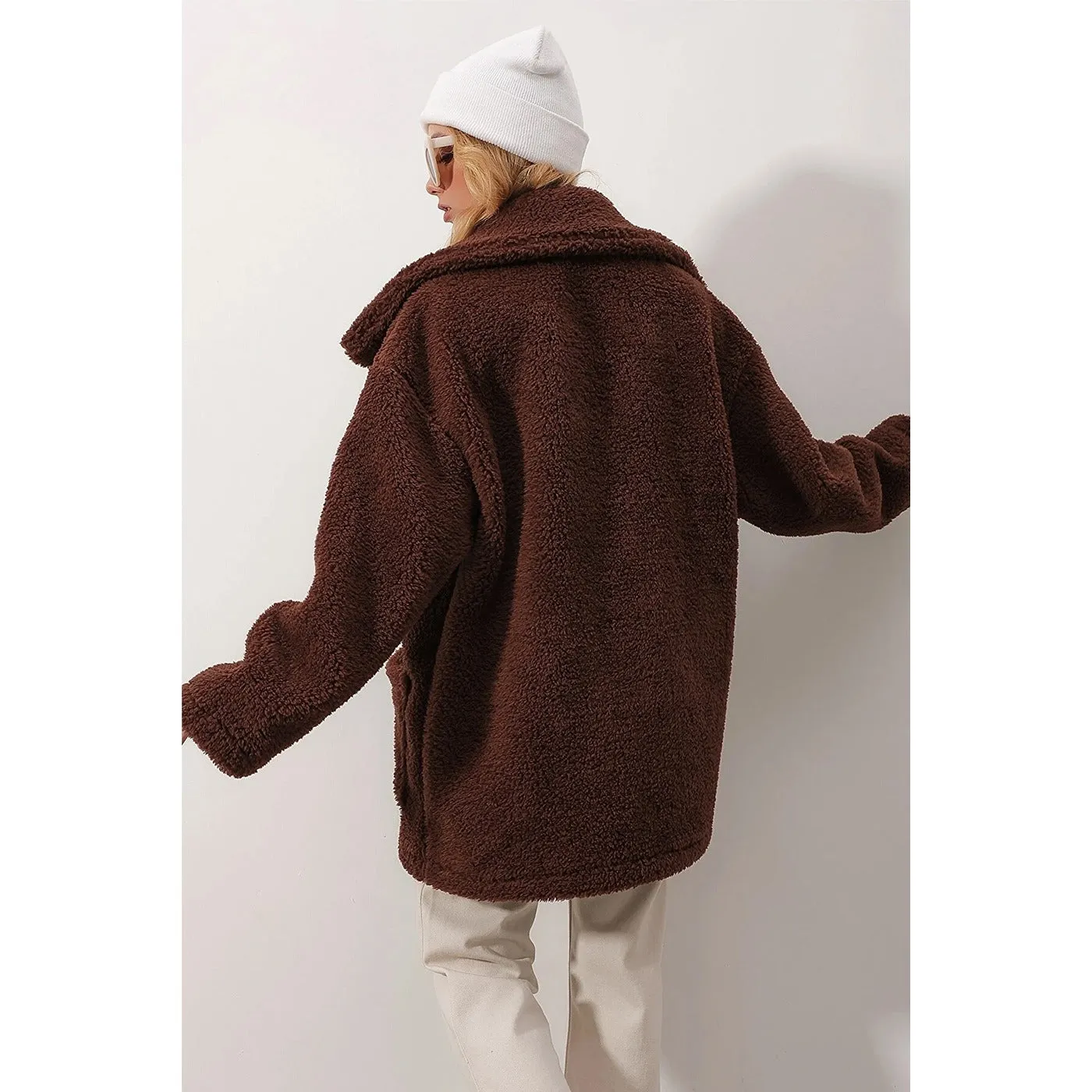 Brown Fur Long Button Down Jacket