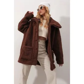 Brown Fur Long Button Down Jacket