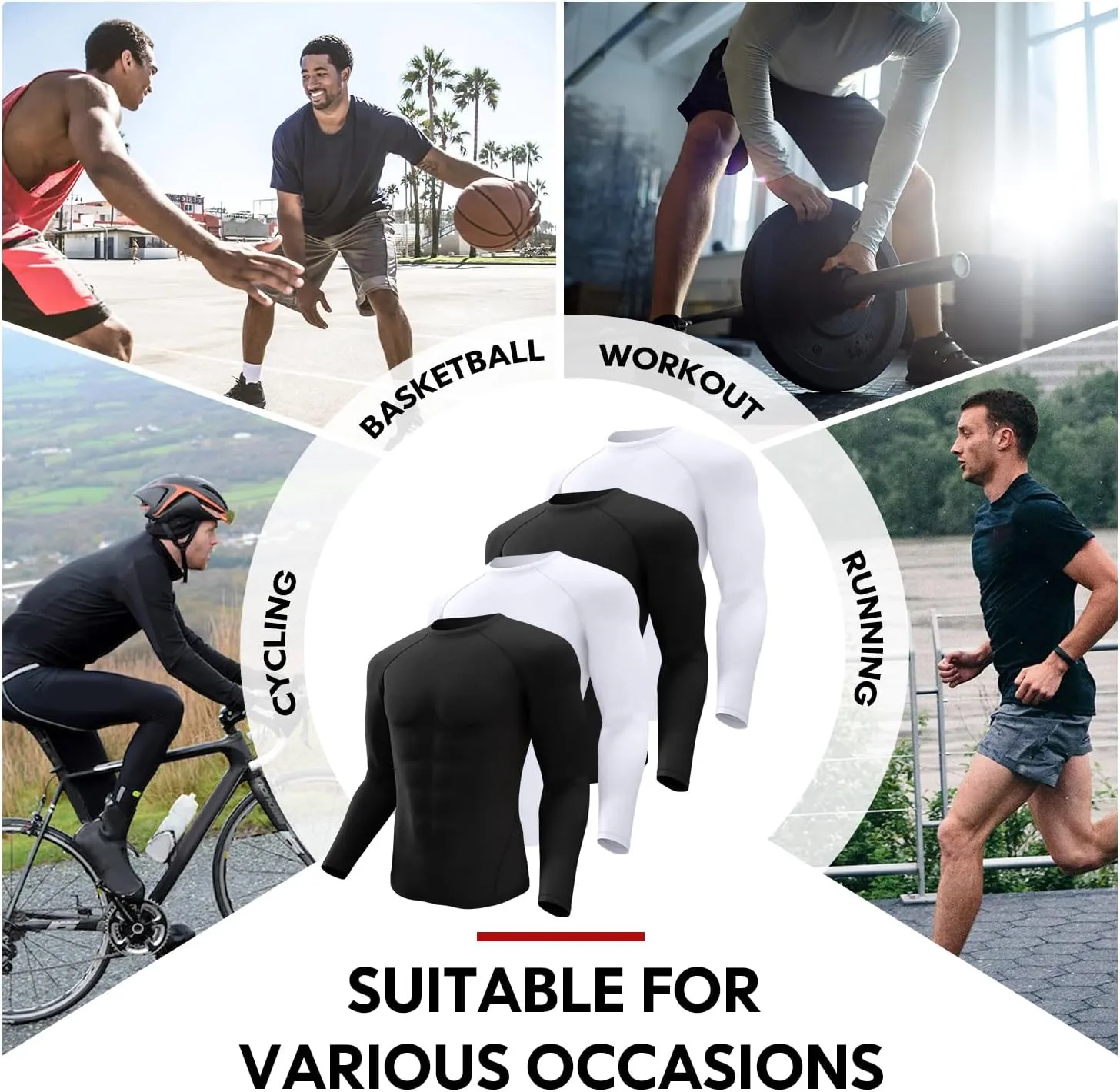 CL convallaria 4 Pack Compression Shirt Men Long Short Sleeve Cooling Dry Rash Guard Athletic T Shirt for Sports