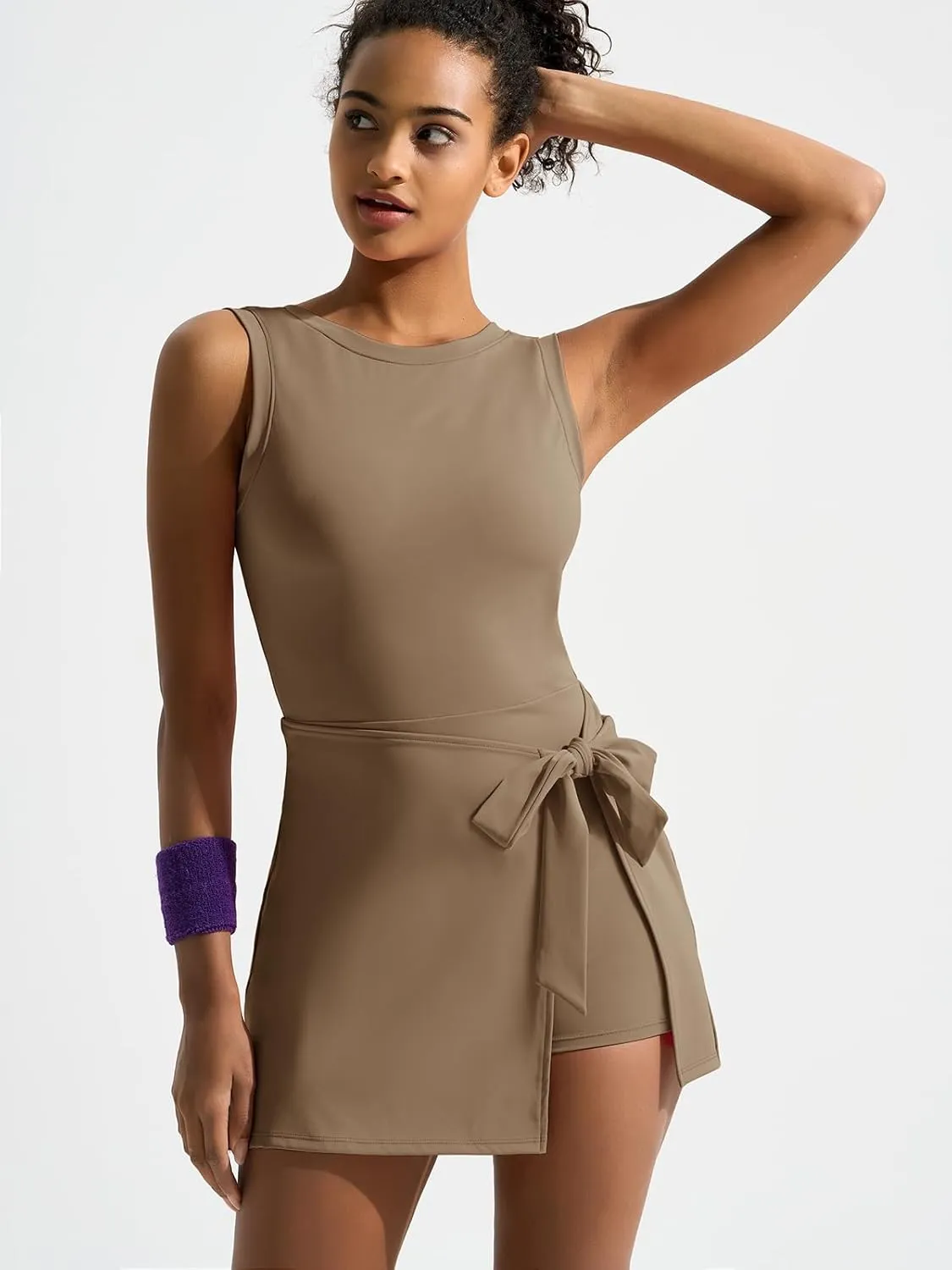 Dokuritu Tennis Dresses for Women Sleeveless Crew Neck Knot Romper Built in Shorts U-Shaped Back Workout Athletic Dress