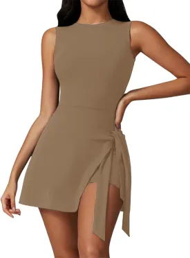 Dokuritu Tennis Dresses for Women Sleeveless Crew Neck Knot Romper Built in Shorts U-Shaped Back Workout Athletic Dress