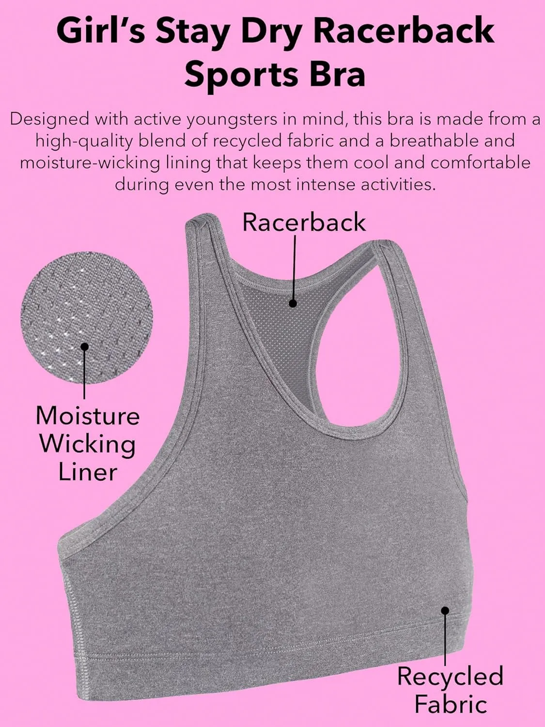 Fruit of the Loom Girls' Stay Dry Racerback Sports Bra
