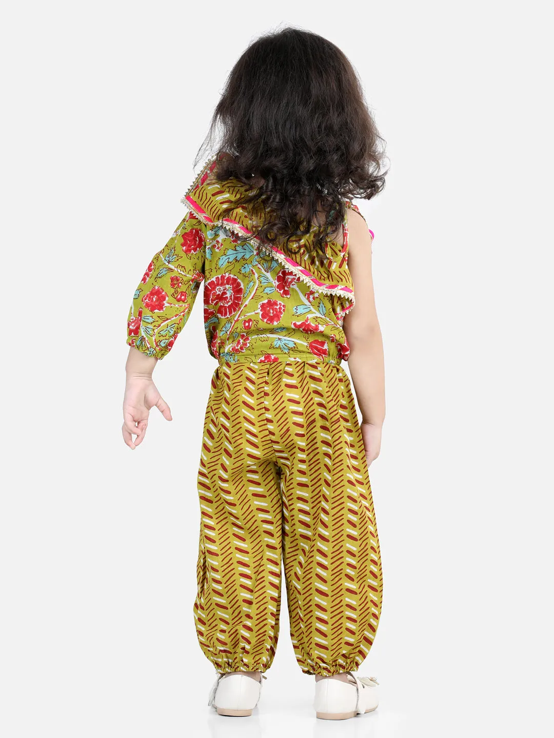 Girls Printed One Sleeve Ruffle Pure Cotton Top with Harem pant Co Ords Indo Western Clothing Sets - Green