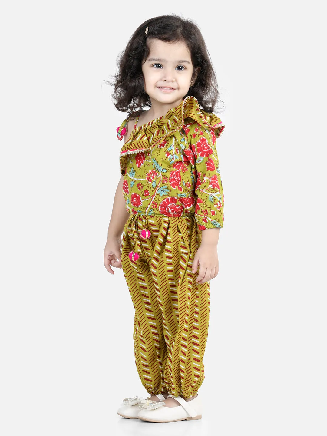 Girls Printed One Sleeve Ruffle Pure Cotton Top with Harem pant Co Ords Indo Western Clothing Sets - Green