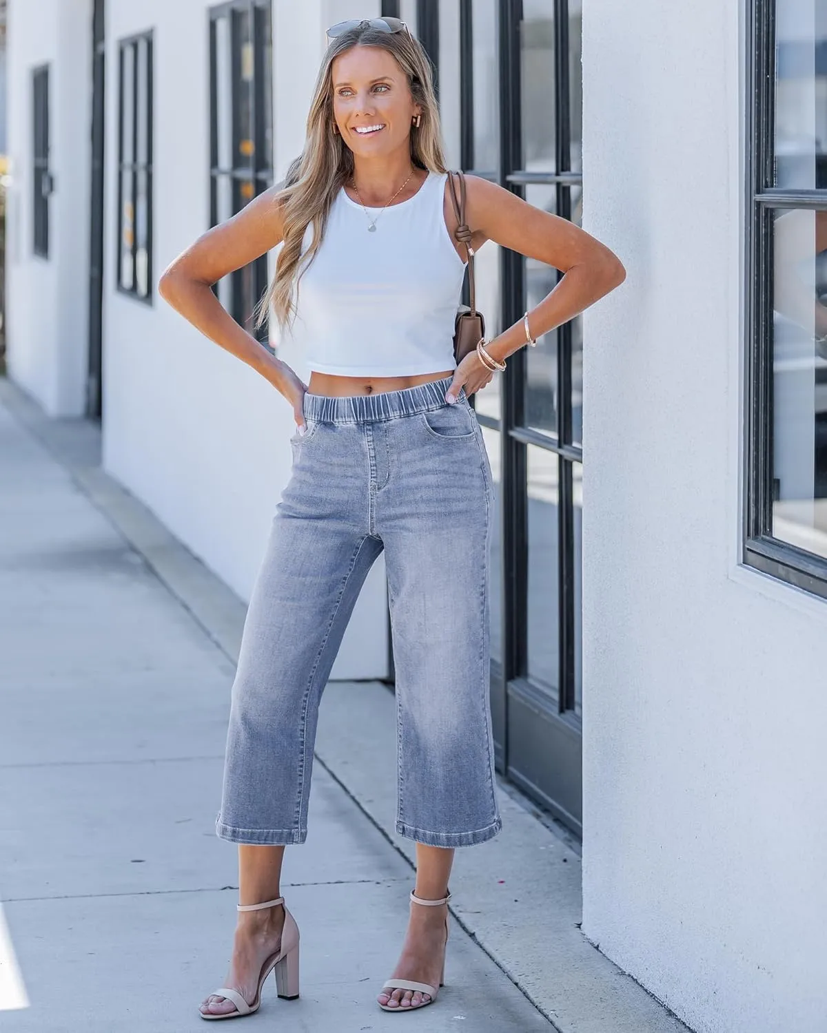 GRAPENT Capri Jeans for Women Wide Leg High Waisted Effortless Flow Pull On Stretchy Denim Elastic Waist Pants with Pockets