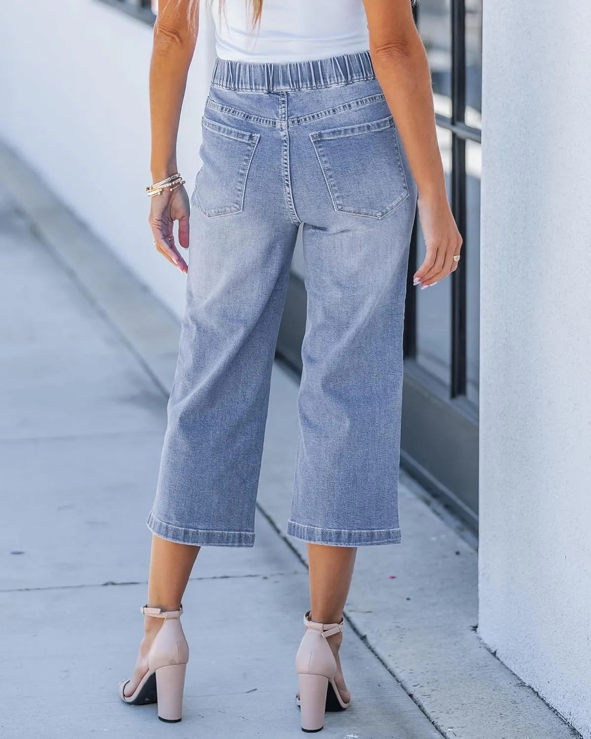 GRAPENT Capri Jeans for Women Wide Leg High Waisted Effortless Flow Pull On Stretchy Denim Elastic Waist Pants with Pockets