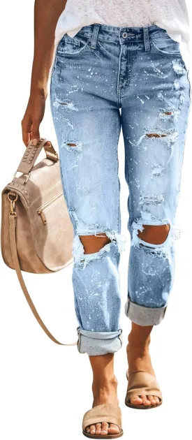 KUNMI Women's Ripped Mid Waisted Boyfriend Jeans Loose Fit Distressed Stretchy Denim Pants