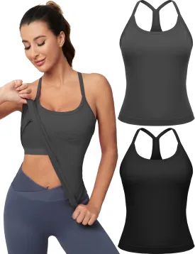 MathCat Workout Tank Tops for Women with Built in Bra, Sleeveless Gym Tops Seamless Racerback Athletic Yoga Shirts 2 Pack