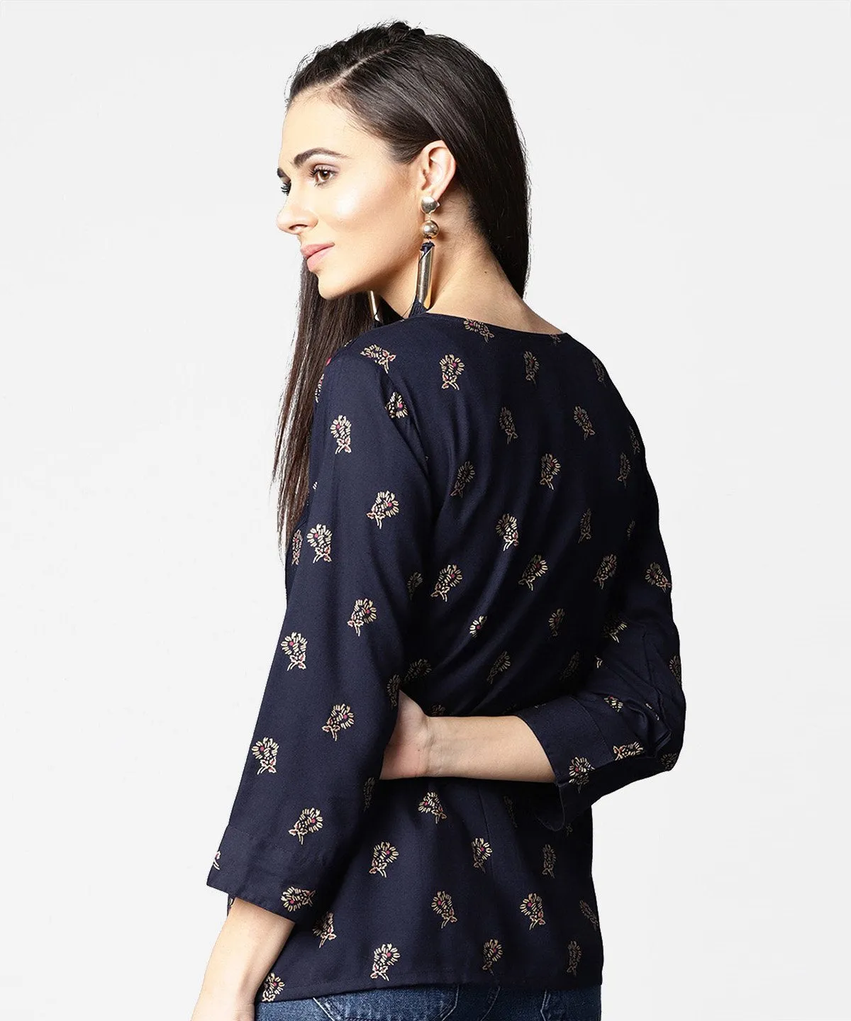 Navy Blue Full Sleeve Rayon Tops With Side Slit