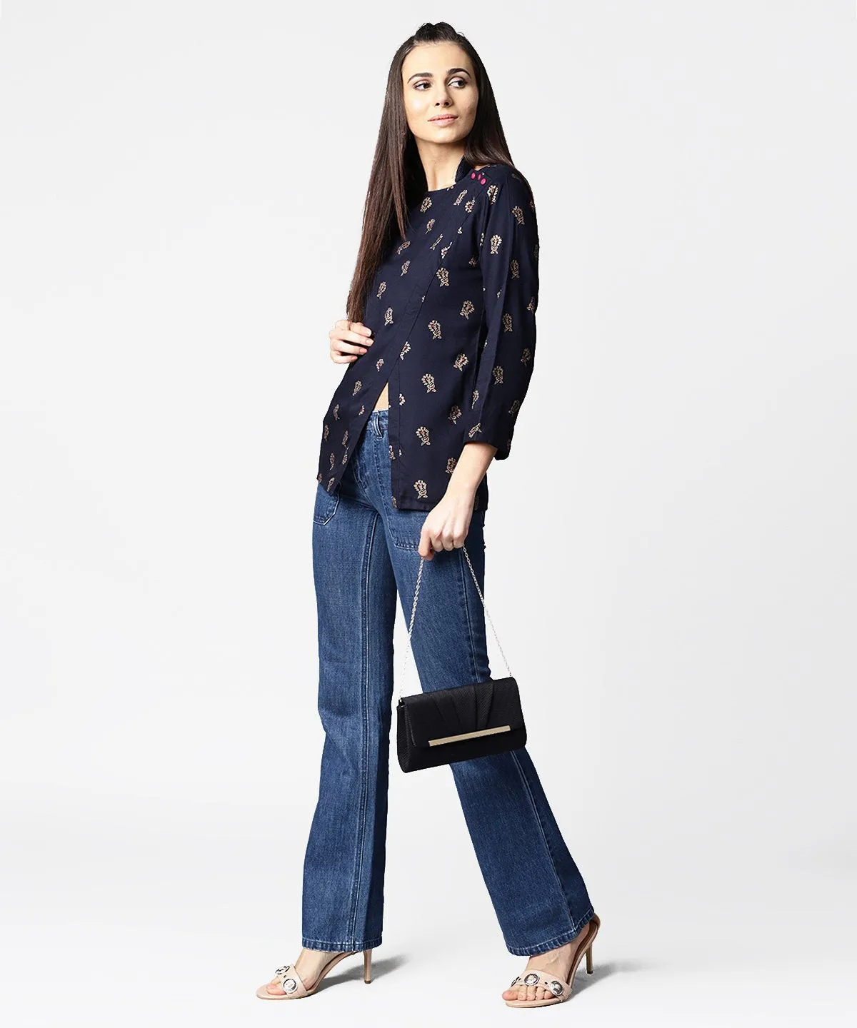 Navy Blue Full Sleeve Rayon Tops With Side Slit
