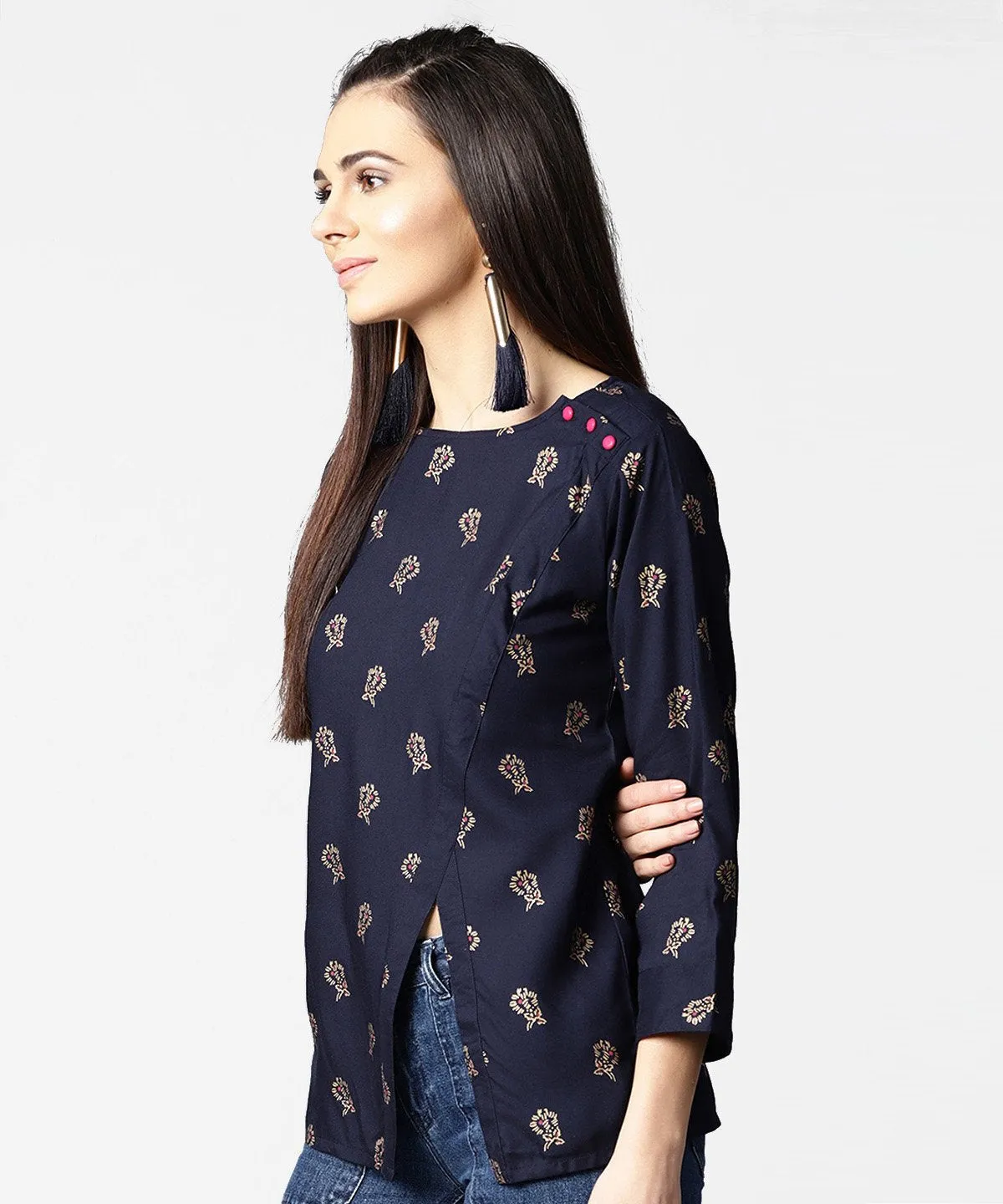 Navy Blue Full Sleeve Rayon Tops With Side Slit