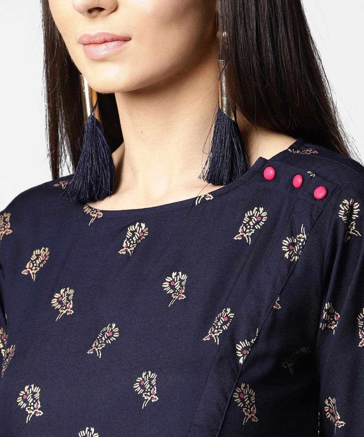 Navy Blue Full Sleeve Rayon Tops With Side Slit
