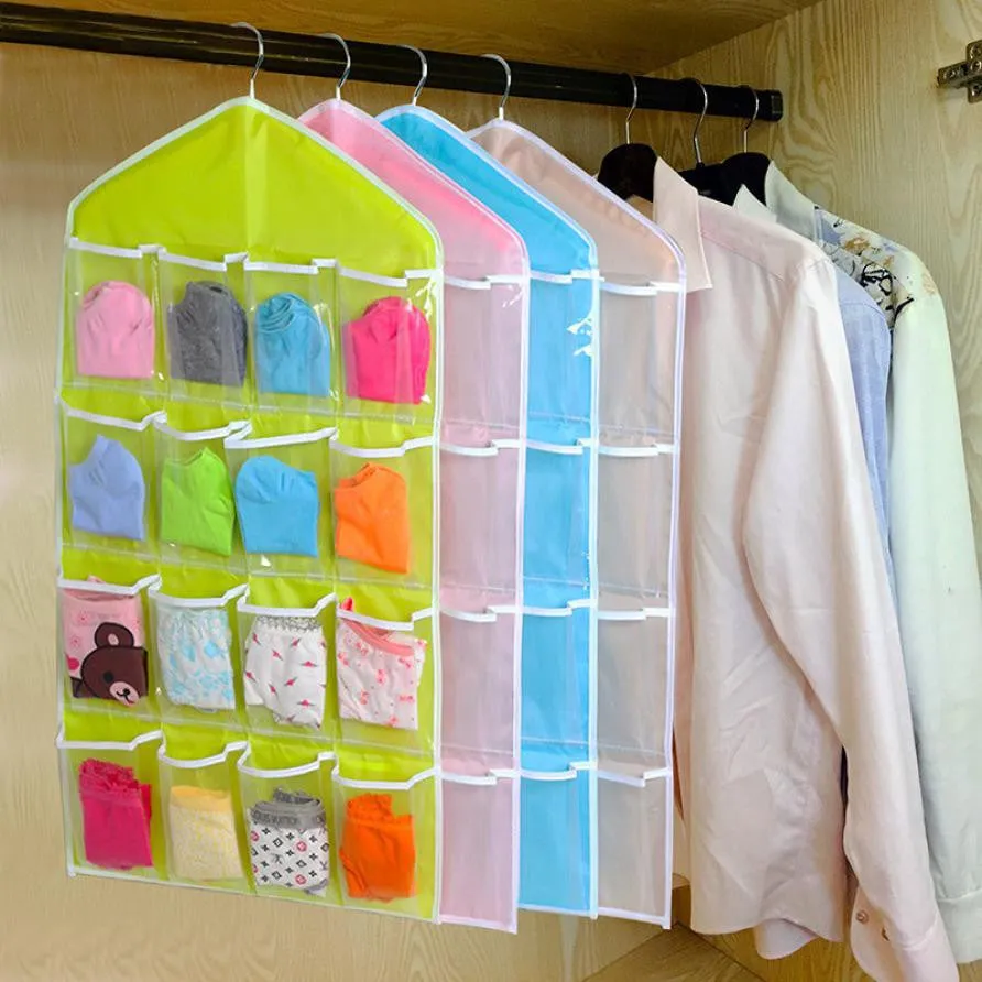 New Qualified Storage Box 16Pockets Clear Hanging Bag Socks Bra Underwear Rack Hanger Storage Organizer Levert Dropship dig6527