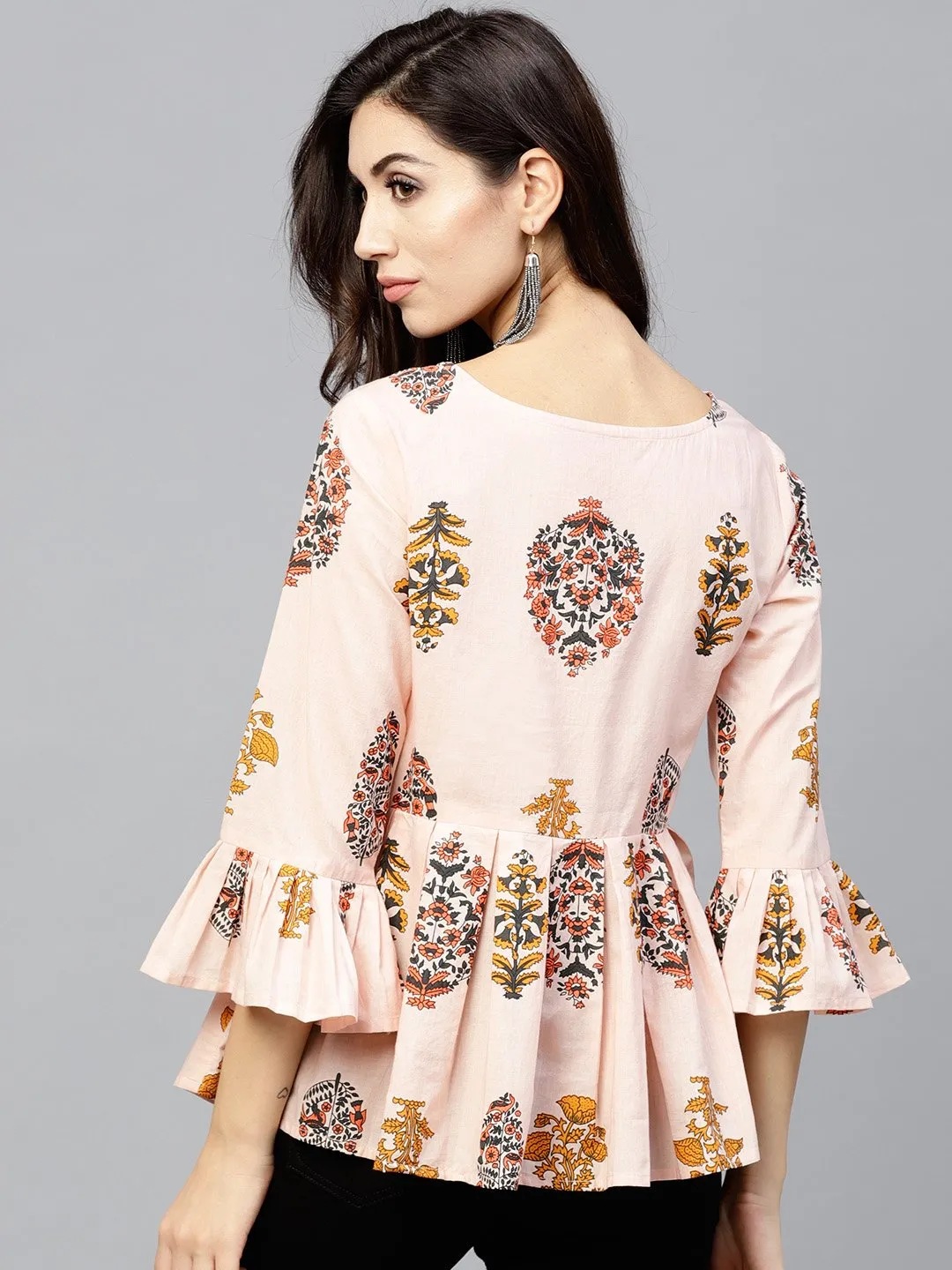 Peach Printed Top With Round Neck And 3/4 Sleeves