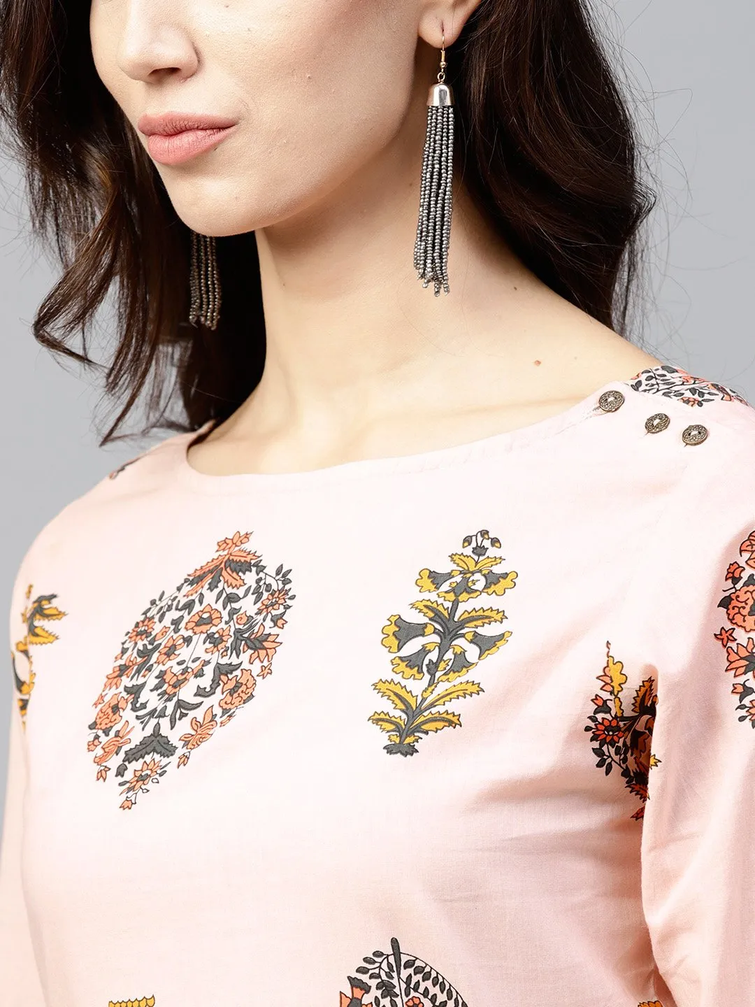 Peach Printed Top With Round Neck And 3/4 Sleeves
