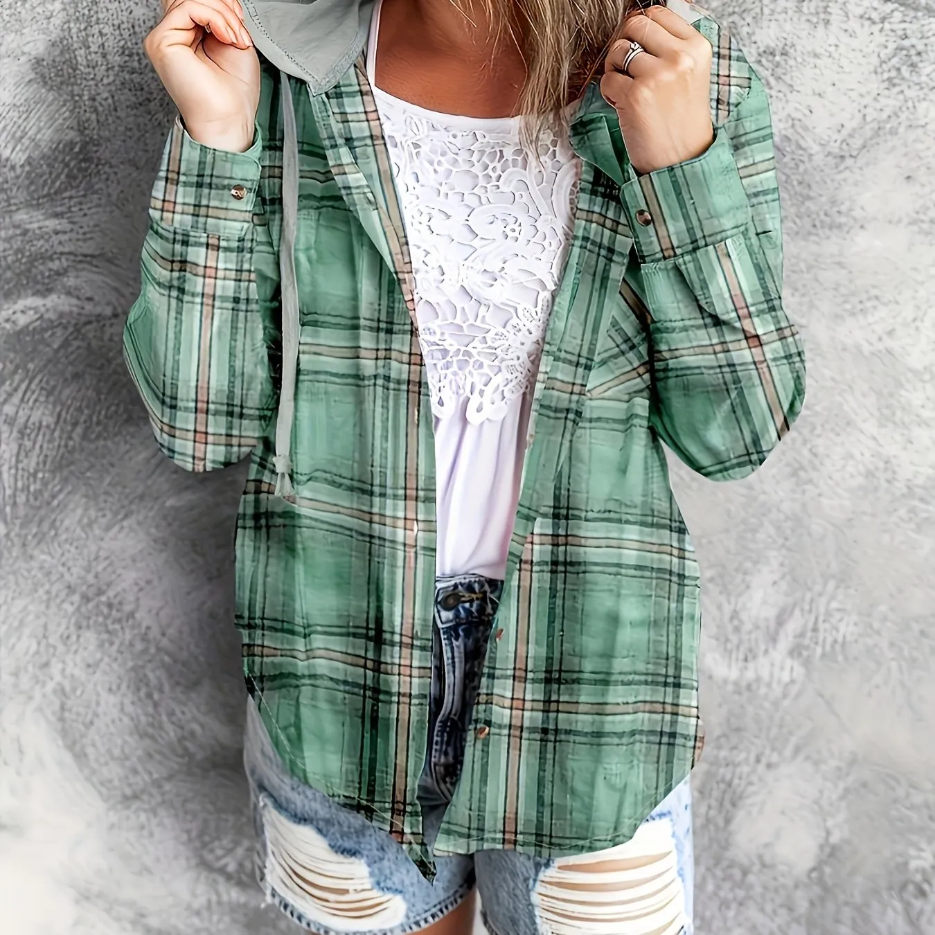 Plaid Hoodie Stylish Womens Casual Shirt with Drawstring