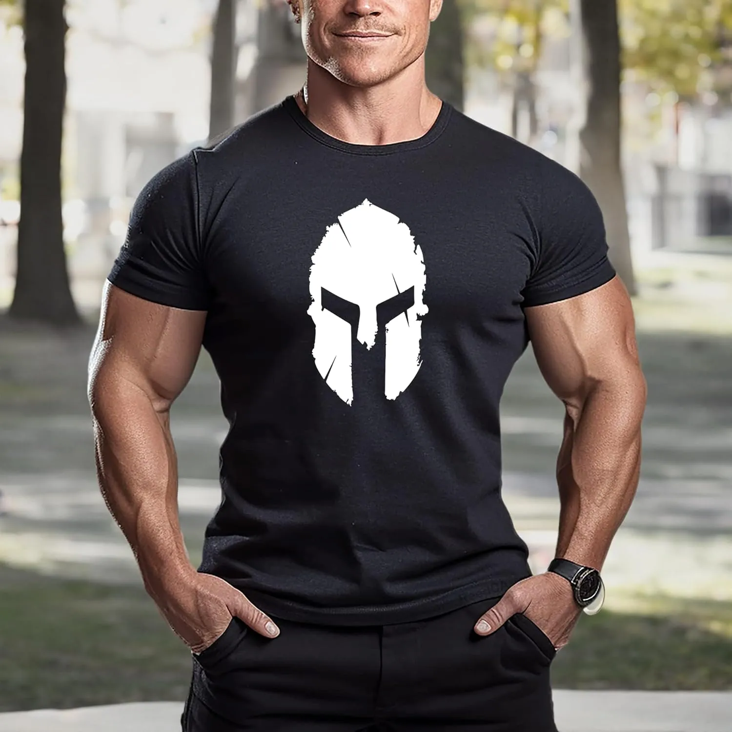 ReedCA Spartan Helmet - Mens Bodybuilding T-Shirt - Gym Training Top Fitness