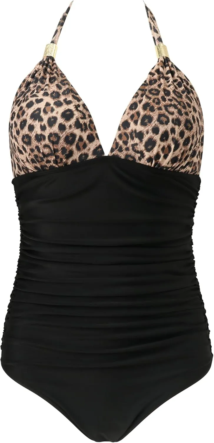 RXRXCOCO Women V Neck One Piece Swimsuits Tummy Control Ruched Swimwear Halter Bathing Suit