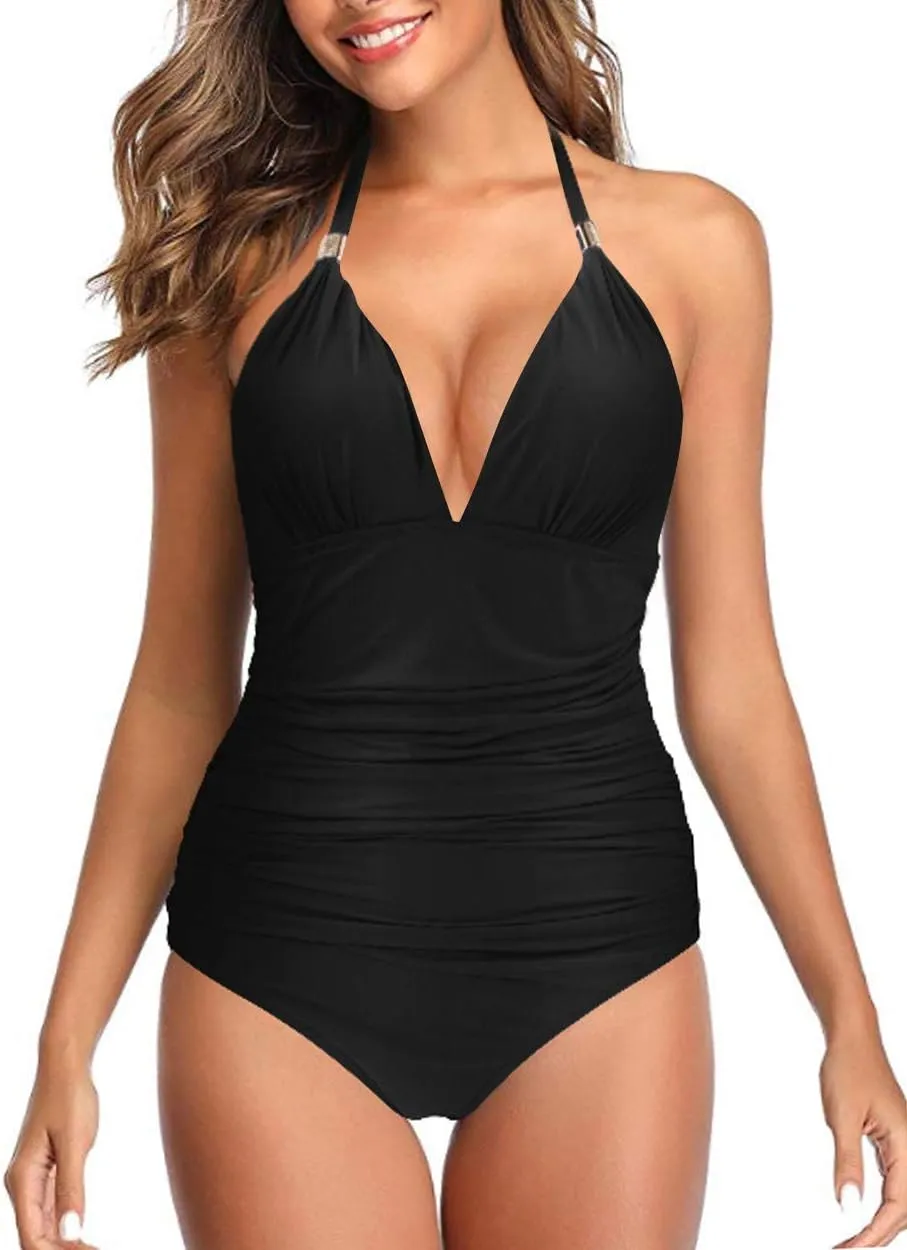 RXRXCOCO Women V Neck One Piece Swimsuits Tummy Control Ruched Swimwear Halter Bathing Suit