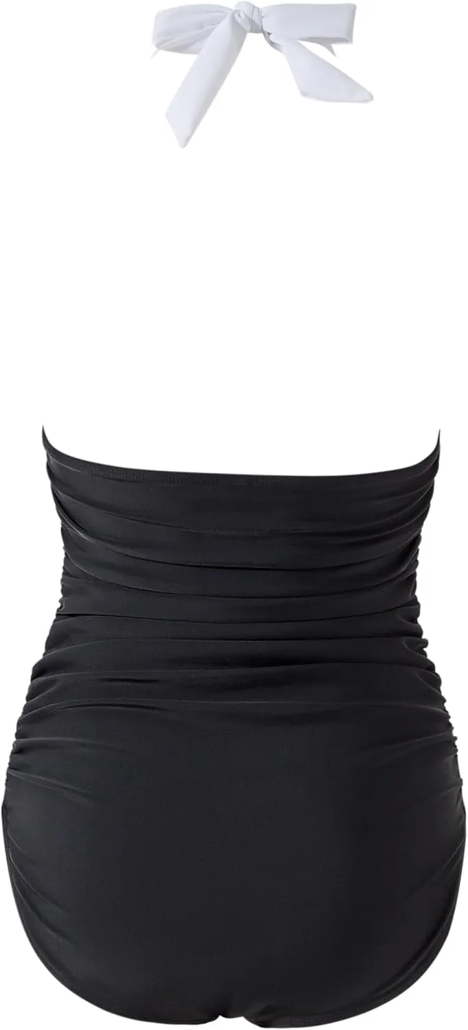 RXRXCOCO Women V Neck One Piece Swimsuits Tummy Control Ruched Swimwear Halter Bathing Suit