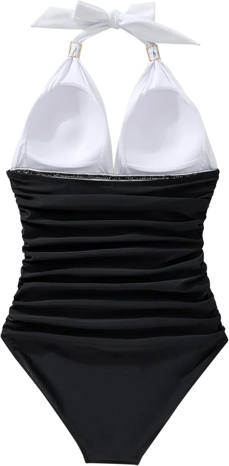 RXRXCOCO Women V Neck One Piece Swimsuits Tummy Control Ruched Swimwear Halter Bathing Suit