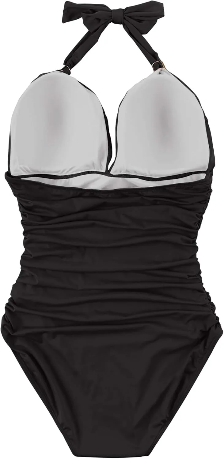 RXRXCOCO Women V Neck One Piece Swimsuits Tummy Control Ruched Swimwear Halter Bathing Suit