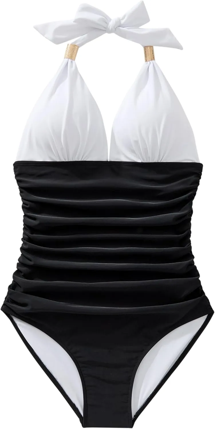 RXRXCOCO Women V Neck One Piece Swimsuits Tummy Control Ruched Swimwear Halter Bathing Suit