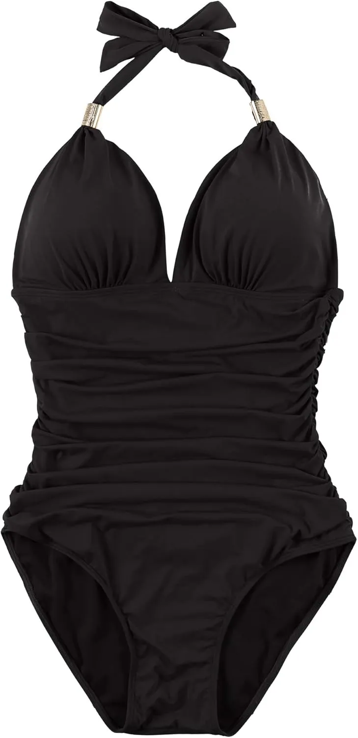 RXRXCOCO Women V Neck One Piece Swimsuits Tummy Control Ruched Swimwear Halter Bathing Suit