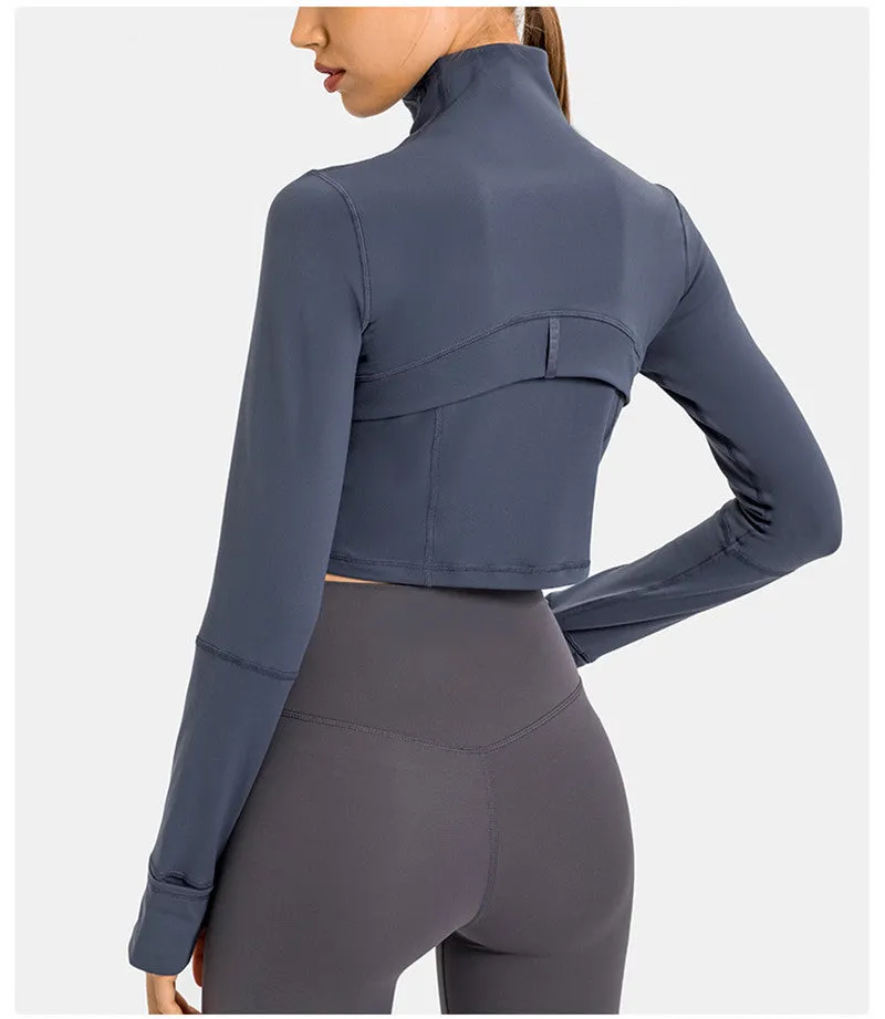 Sidiou Group Anniou Women Short Yoga Jacket Stand Collar Windproof Long Sleeve Zip Gym Jersey Quick Dry Sport Jackets