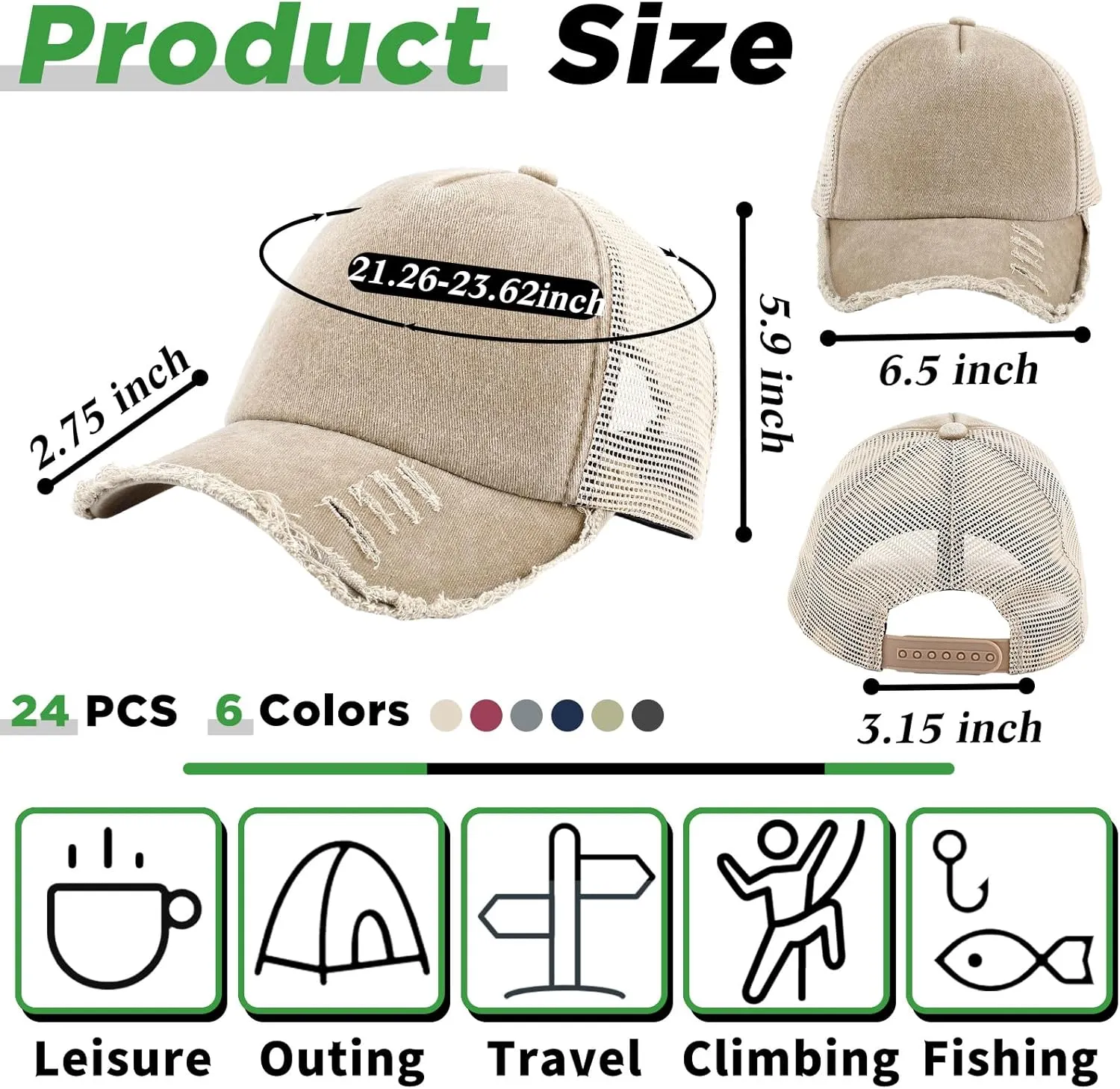 Suhine 24 Pcs Blank Baseball Caps Bulk Unisex Vintage Cap Mesh Distressed Hats Plain Adjustable Dad Hat for Women Men Trucker