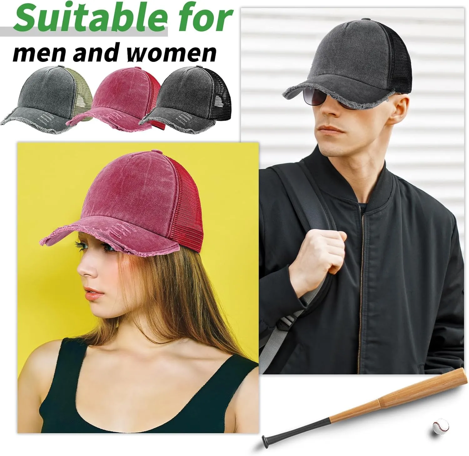 Suhine 24 Pcs Blank Baseball Caps Bulk Unisex Vintage Cap Mesh Distressed Hats Plain Adjustable Dad Hat for Women Men Trucker