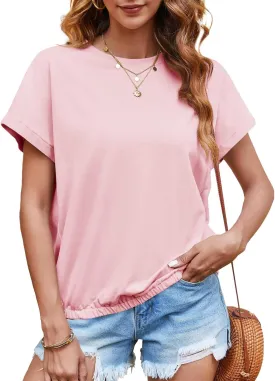 Tankaneo Women Short Cap Sleeve Tops Summer Casual Banded Sweatshirt Crew Neck Loose Fit T-Shirts