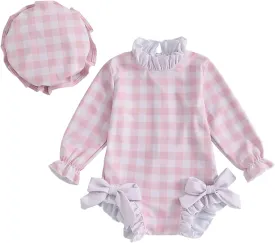 Toddler Baby Girl One Piece Swimsuit Checkered Print Long Sleeve One Piece Rash Guard Ruffle Swimsuit with Hat Set
