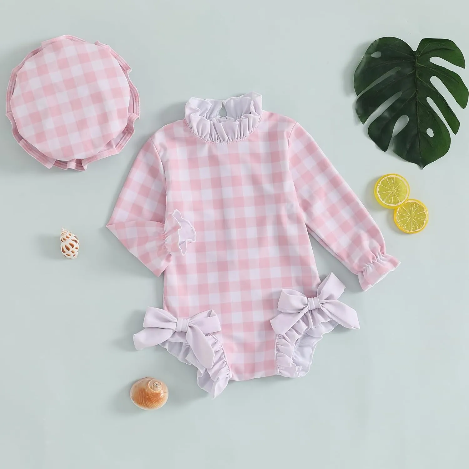 Toddler Baby Girl One Piece Swimsuit Checkered Print Long Sleeve One Piece Rash Guard Ruffle Swimsuit with Hat Set