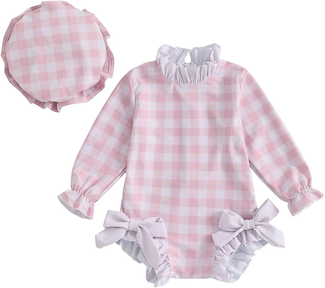 Toddler Baby Girl One Piece Swimsuit Checkered Print Long Sleeve One Piece Rash Guard Ruffle Swimsuit with Hat Set