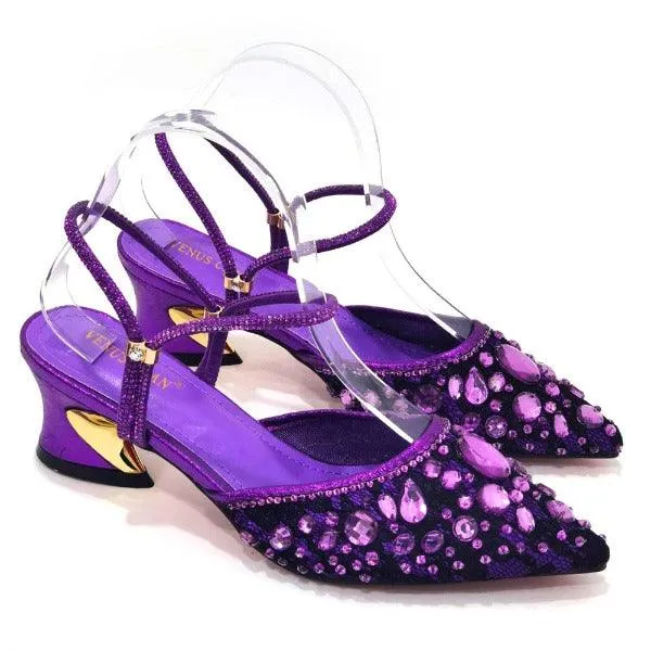 Venus Chan 2023 Fashion Rhinestone Heels Pointed-Toe Gold Colored Lace Tassel Design Elegant Luxury Shoes and Bag for Lady Party