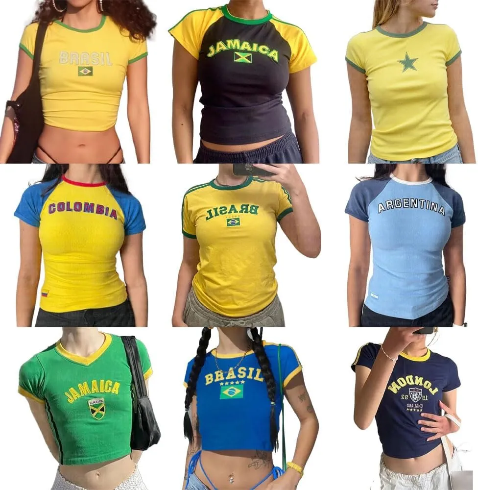 Vintage Graphic Baby Tees for Women Brazil Shirt Y2k Tops Mexico Crop Top Jersey 2000s Summer Going Out Tops