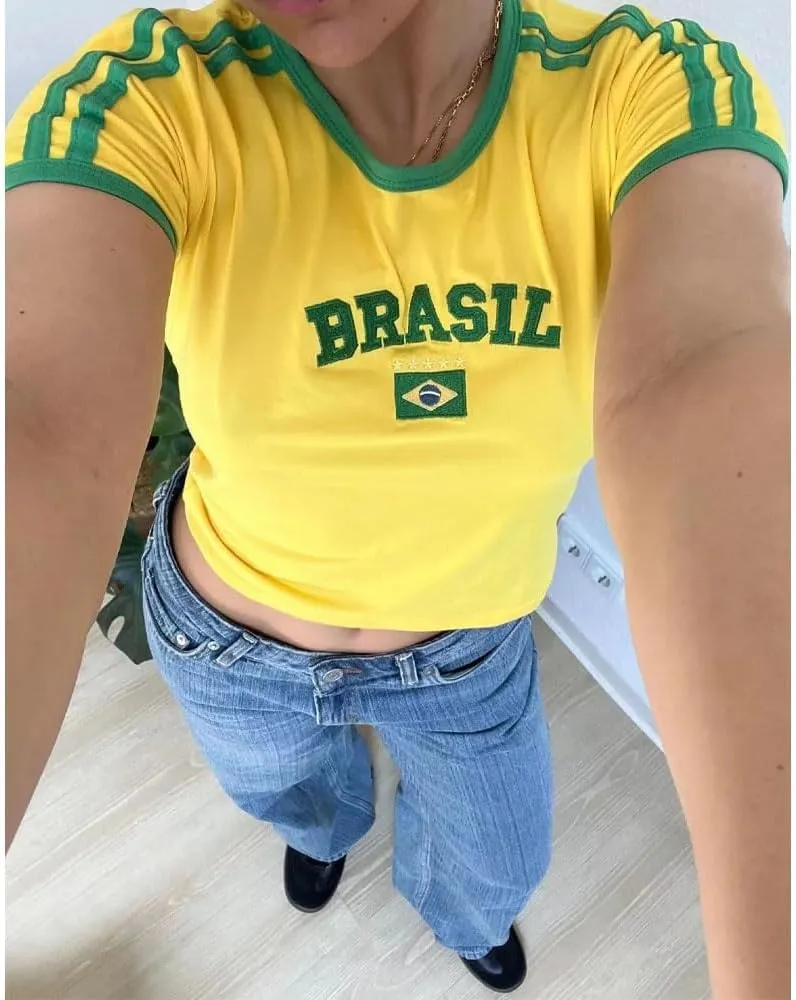 Vintage Graphic Baby Tees for Women Brazil Shirt Y2k Tops Mexico Crop Top Jersey 2000s Summer Going Out Tops