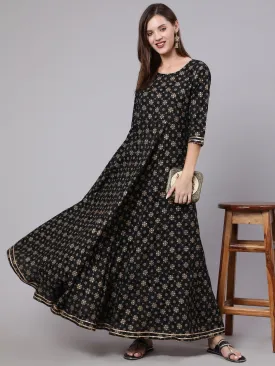 Women Black Printed Ethnic Dress With Gotta Details