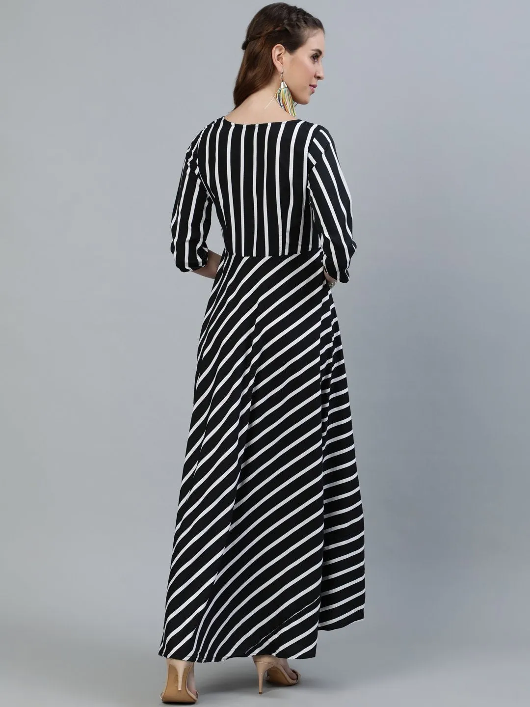 Women Black Striped Maxi Dress With Three Quarter Sleeves