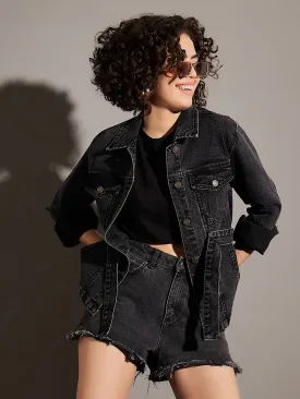 Women Black Washed Denim Belted Jacket
