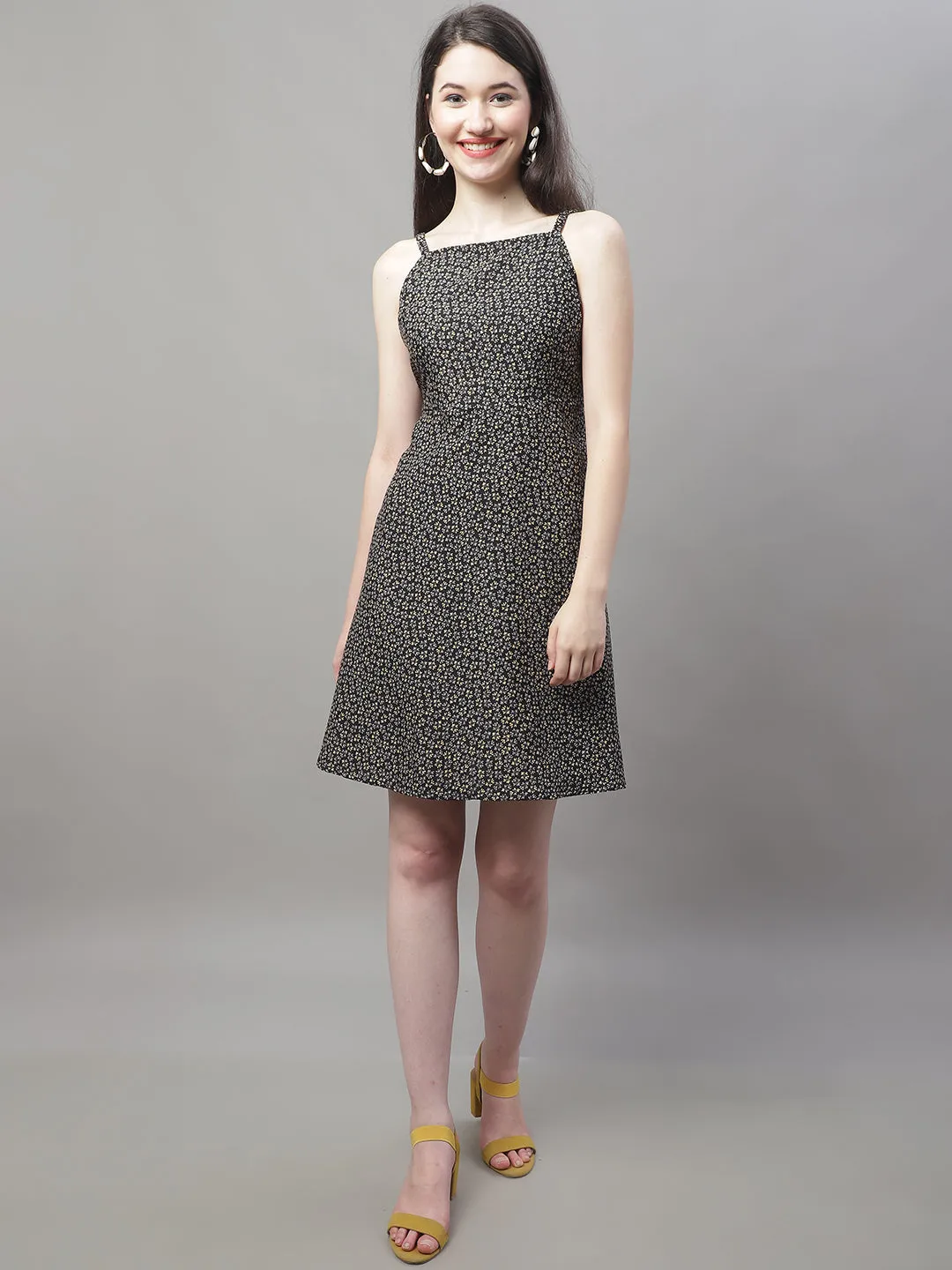 Women Grey Floral Printed A-Line Dresses